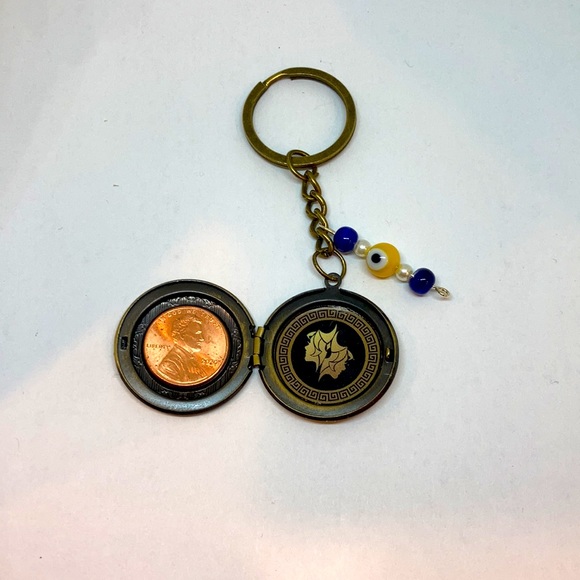 Zodiac Libra Locket Keychain: Balancing Harmony w/ Greek Key and Evil Eye Charm - Picture 3 of 3